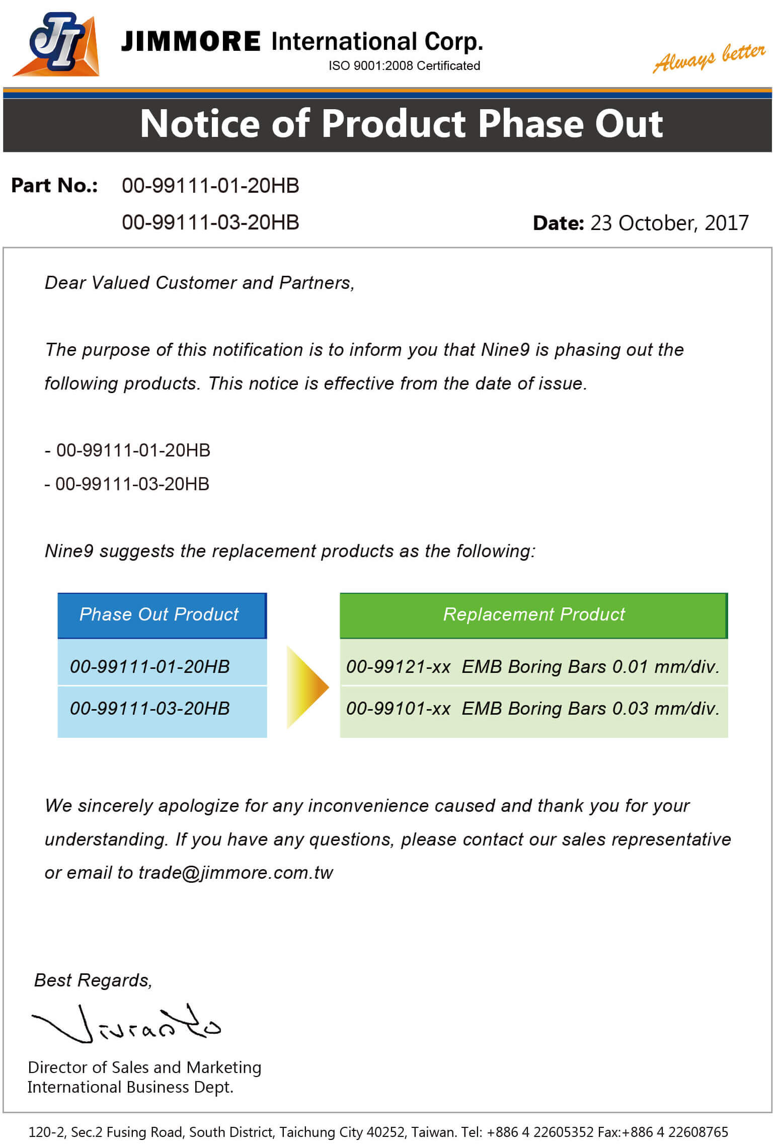 Notice of Phase out about Nine9 Boring Tools- 99111 series