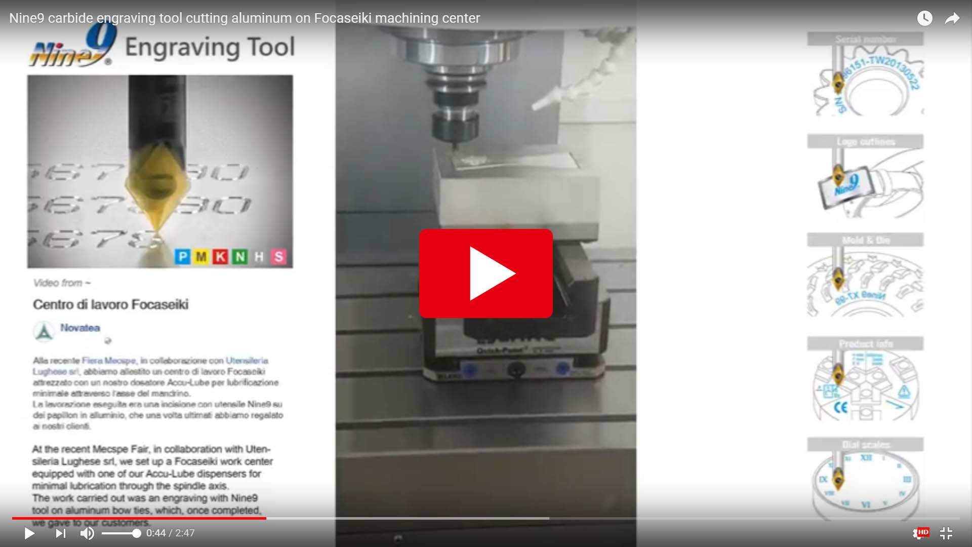 Nine9 carbide engraving tool cutting aluminum on Focaseiki machining center